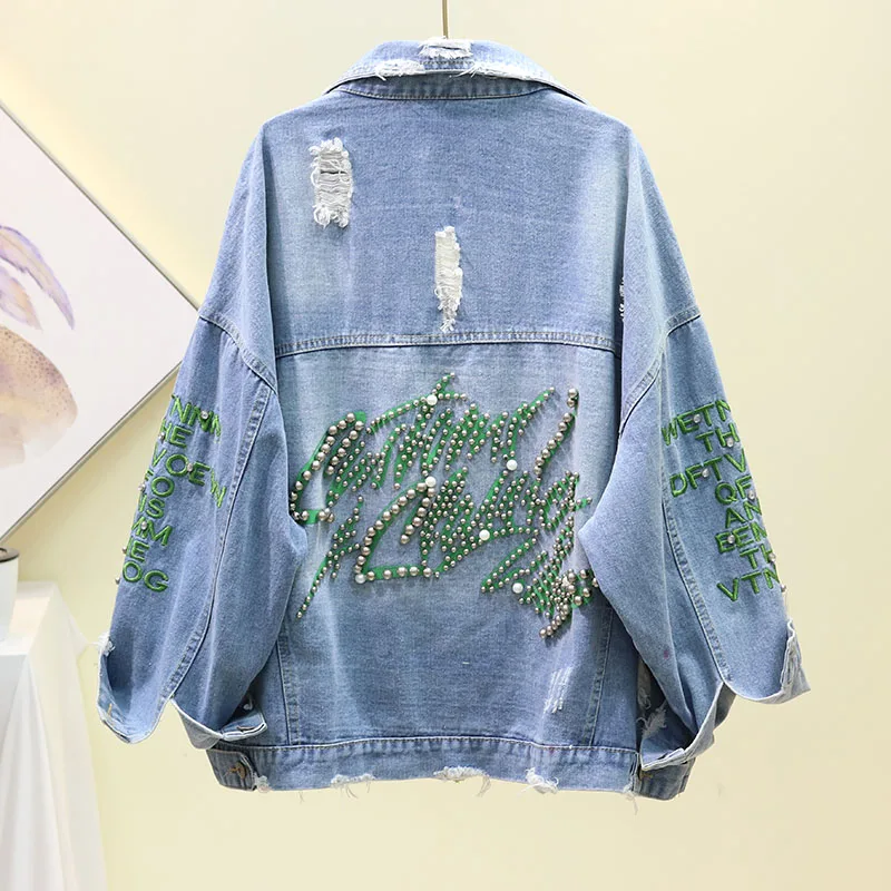 Женская джинсовая куртка с вышитым бисером Chaquetas Mujer свободная бомбер дырками для