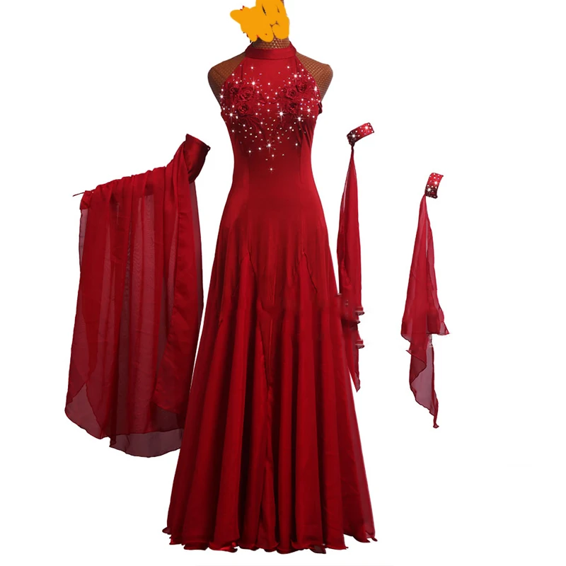 Dress And Float Бальные Танцевальные соревновательные платья Красное Длинное танцевальное платье сценические наряды для выступления Вальс платье Танго одежда бальное платье BL2681 - Цвет: Dress And Float