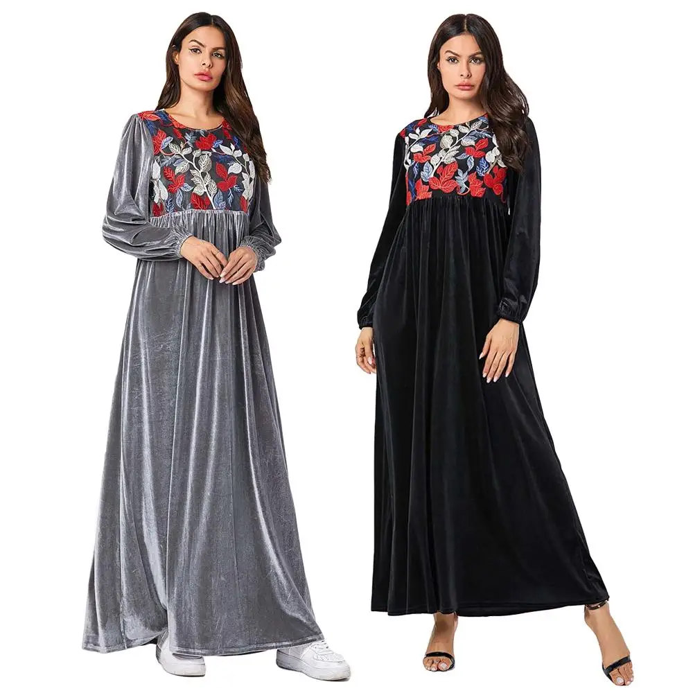 

Абая для мусульманских женщин бархат вышивка, макси-платье халат Jilbab исламские Повседневные Вечерние платья осень зима o-образным вырезом п...