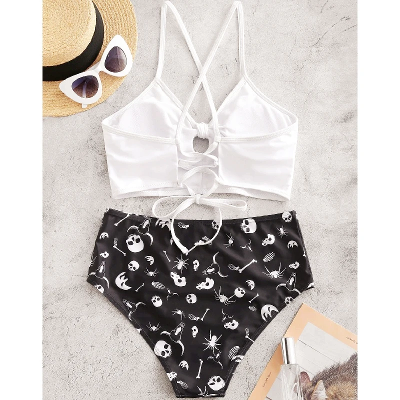 Бикини с высокой талией женский купальник цветочным принтом и черепом пуш-ап