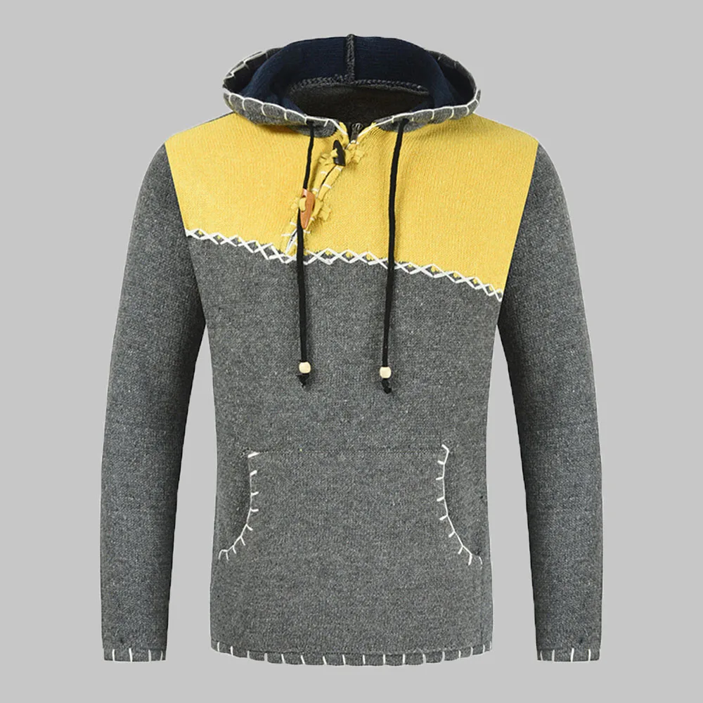 

Мужской вязаный свитер с капюшоном, теплый пуловер контрастных цветов с длинным рукавом, бархатный свитер на осень и зиму, 2021