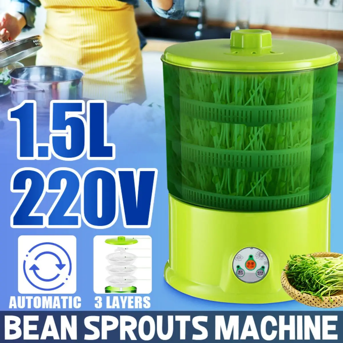 

Homemade Bean Sprouts Machine 220V 3 Layers Auto Thermostat Green Seedling Growth Germinator Automatic Bean Sprouts Maker Bucket