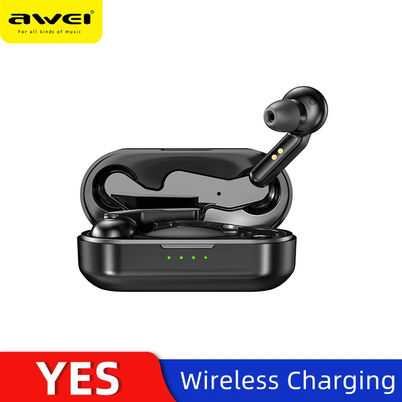 AWEI TWS Bluetooth V5.0 настоящие беспроводные наушники для зарядки с двойным микрофоном шумоподавление HiFi 6D бас игровая гарнитура сенсорное управление Качественные Наушники с микрофоном звук чистый и басс - Цвет: BK Wireless Charging