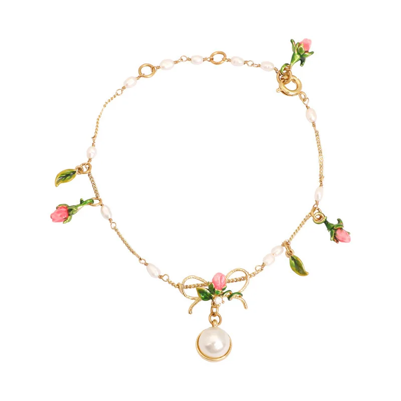 

European and American Sweet Personality New French Design Enamel Freshwater Pearl Pendant Bracelet Bracelet Summer Sweet Jewelry