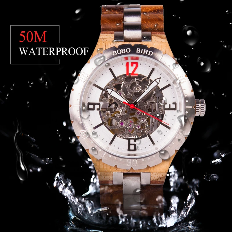 Мужские деревянные механические наручные часы BOBO BIRD водонепроницаемость 50 м