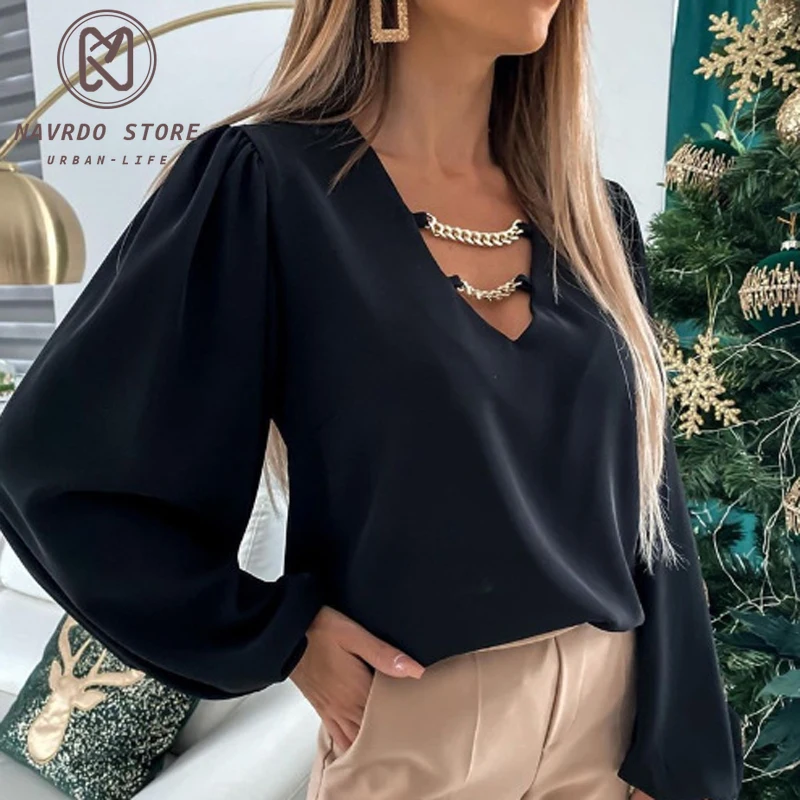 

Elegant V Neck Metal Chain Lady Tops Fashion Solid Color Long Sleeve Woman Shirts Autumn Loose Casual Office Work Female Blouses