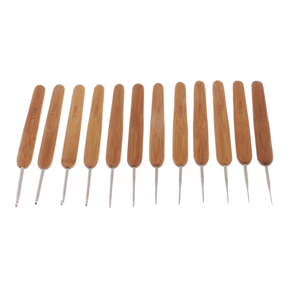 

Lots of 12 Bamboo Wooden Handle Hair Weaving Crochet Needles Dreading Hooks