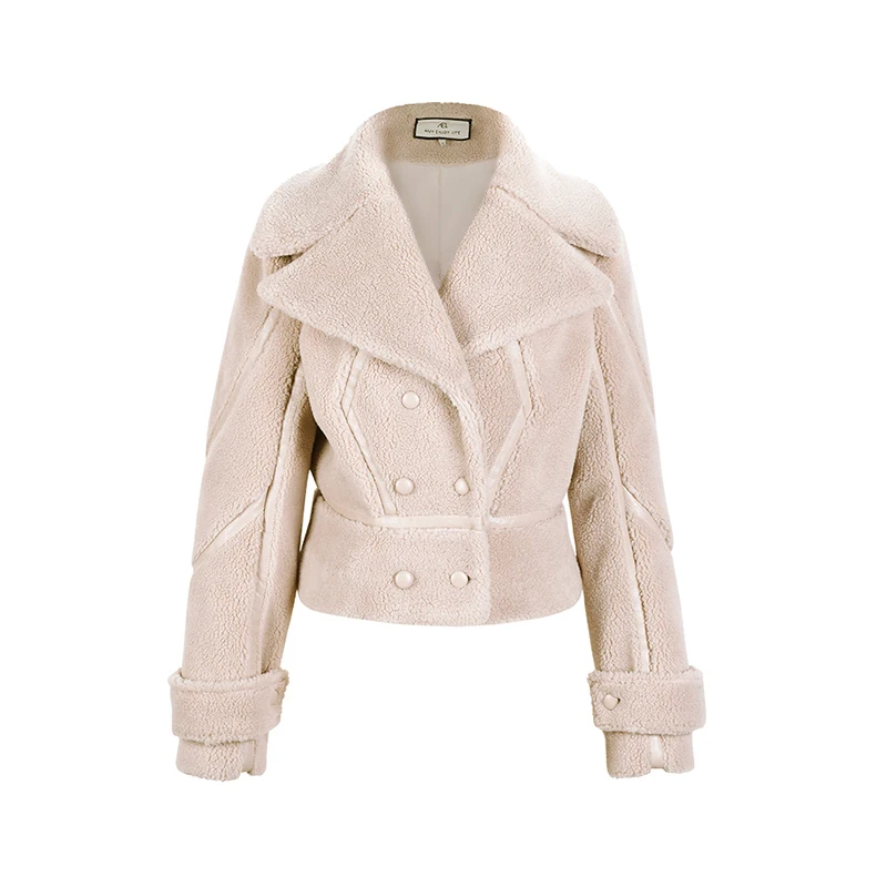 

AEL Lampswool Leather Coat For Women Double Breasted Big Lapel Collar Long Sleeve Warm Short Slim Female Jacket 2019 Winter