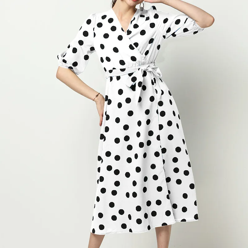 

QNPQYX Elegant Polka Dot Long Women Dress Autumn Lantern Half Sleeve Casual Sashes Dress Sexy V Neck Vintage Midi Dresses