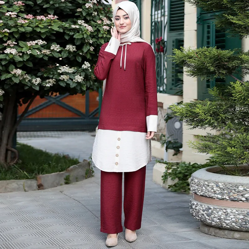 

Summer new Islamic Muslim Dubai dress suit ethnic clothing Malaysia Indian women's color matching loose two-piece Ramadan dress