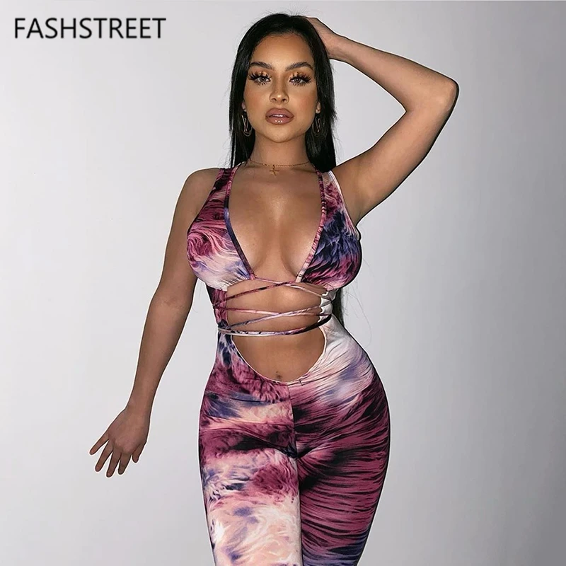 Пикантный Облегающий комбинезон на завязках с принтом и вырезами Женский