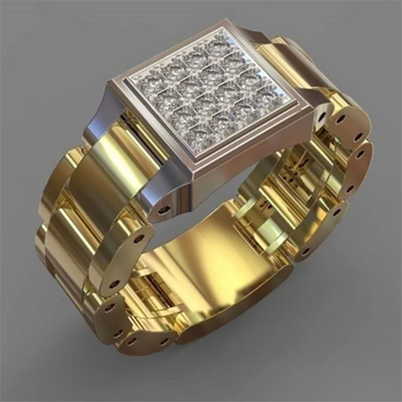 

Punkboy Business style Two-Tone Square Watch Shape Crystal Men's Ring Engagement Wedding Party Male Rings Jewelry Size 6-11