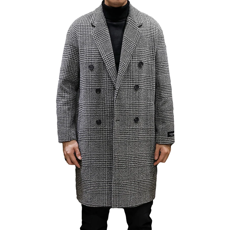 

Casual Double Breasted Mens Wool Overcoat Winter 2019 Houndstooth Jacket Men Turn-down Collar Long Woollen Wind Coat