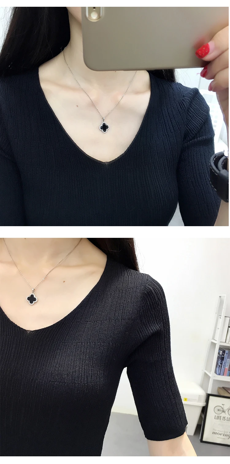 OHCLOTHINGnew style2019, короткий рукав, хлопок, круглый вырез, свитер, Женский рукав, голова, рукав, рубашка, пять, Одноцветный, плотный свитер, тонкий, ремонт