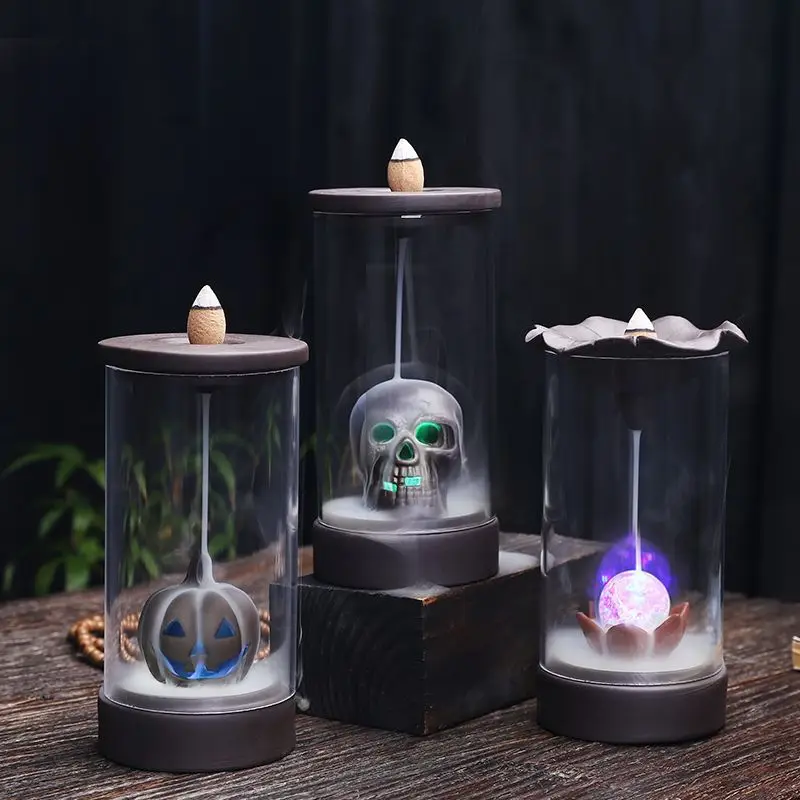 

Ceramic Backflow Incense Burner Creative Home Designer Incense Holder Censer Skull with LED Gift Friend for Tea Ceremony Yoga