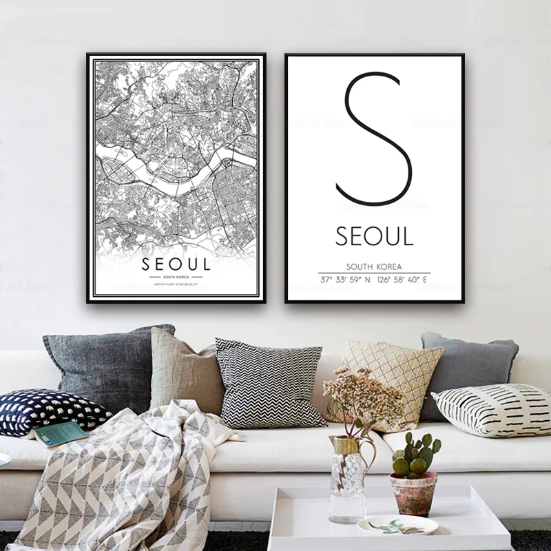 Сеул координаты Корея Карта города принты черно белый дорожный постер