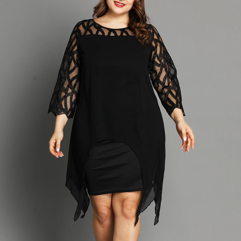 Женское платье большого размера черное прозрачное кружевное с длинным рукавом и