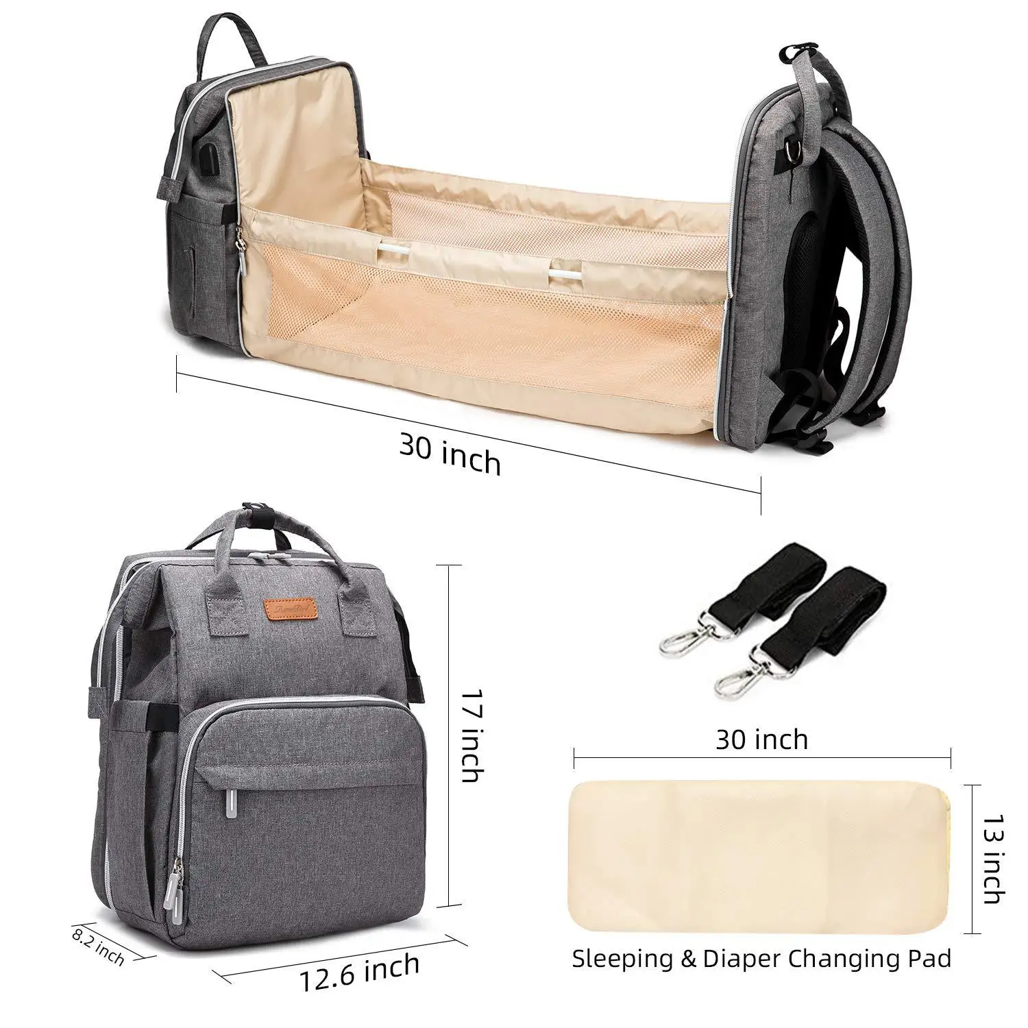 

Multi Functional Diaper Bag Foldable Mommy Backpack Large Capacity Mommy bag + Baby Bed Waterproof USB 12.6inch*8.2inch*17inch