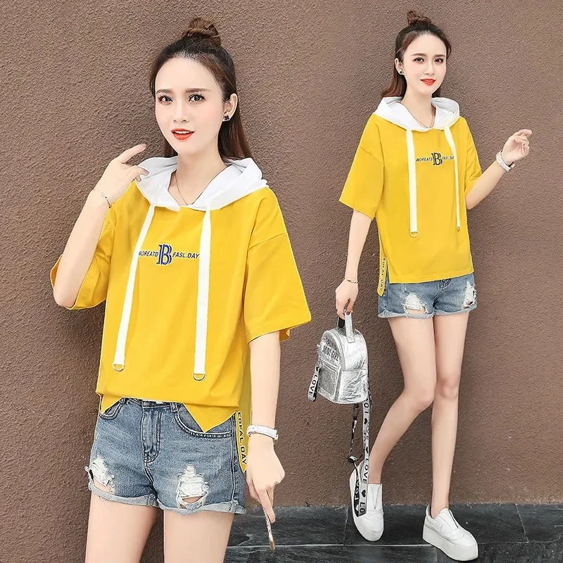 

100% Cotton Hoodie O Neck T Shirt Woman 2021 Korean Style Women Shirts Summer Short Sleeve Shirt Woman T-shirt Loose