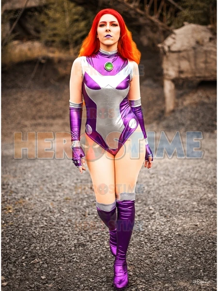 Фото Фиолетовый блестящий костюм Starfire для косплея V1, костюм для косплея, боди зентай, костюм на Хэллоуин для женщин №1