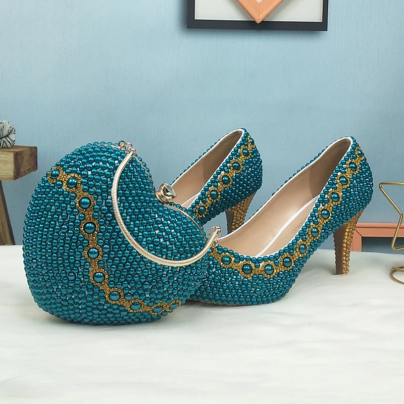 

Teal Blue Pearl wedding shoes with matching bags party dress fashion High heels platform shoes Open Toe shoe Fish Toe green blue