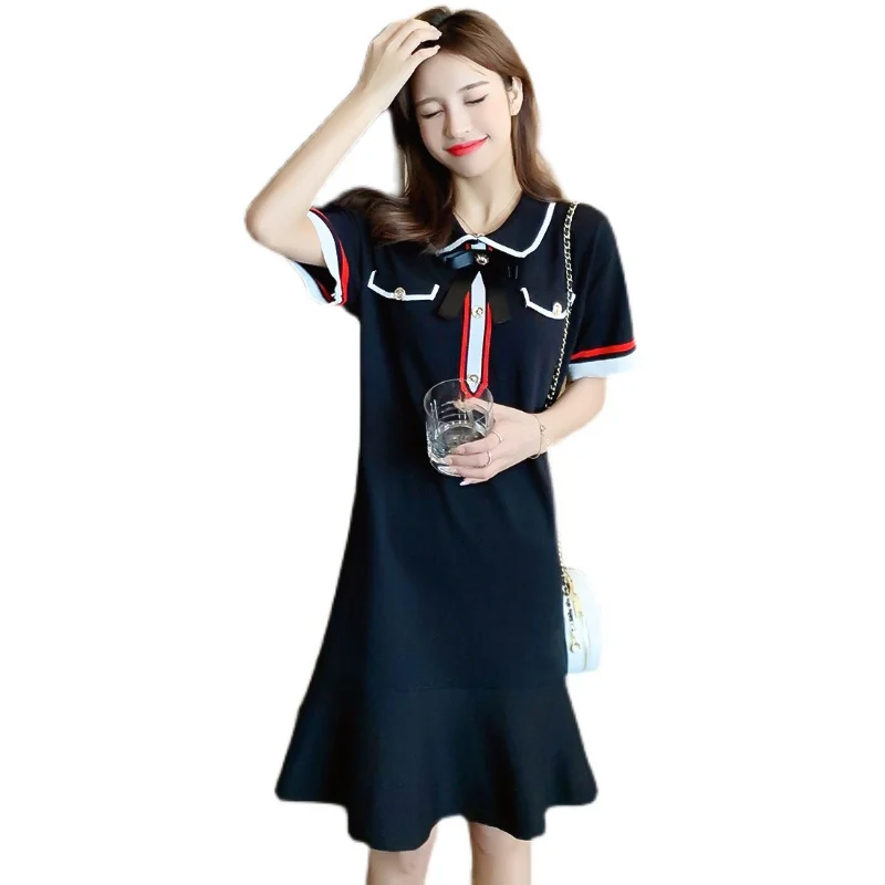 

Make the spot! Summer wear han edition loose thin tail swing falbala knitting dress with short sleeves