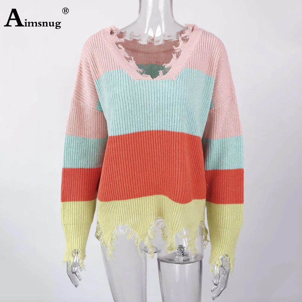 

Patchwork Color Tops Women's Sweaters Pullovers V Neck 2020 Autumn Winter New Tunic Outerwear Female knitting Tassel Pullovers