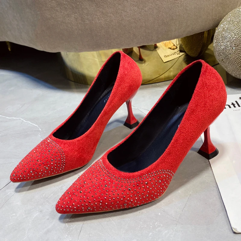 

Женские замшевые туфли стразы на каблуке с котятами, женские туфли-лодочки, свадебная обувь, сексуальная обувь для вечеринки, модные женски...