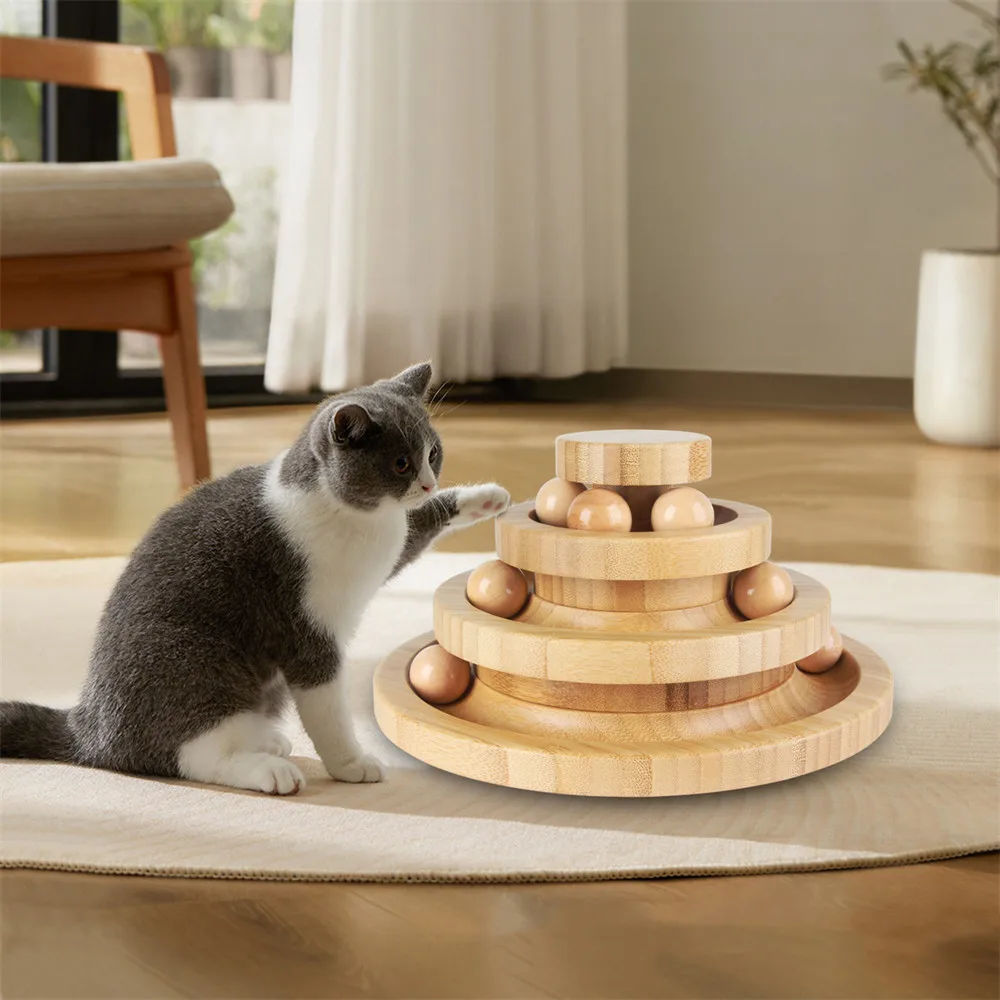 

Three-layer Track Interactive Cat Toys Turntable Include 9 Wooden Balls Natural Solid Base Wood Safe for Cats Cat Accessories