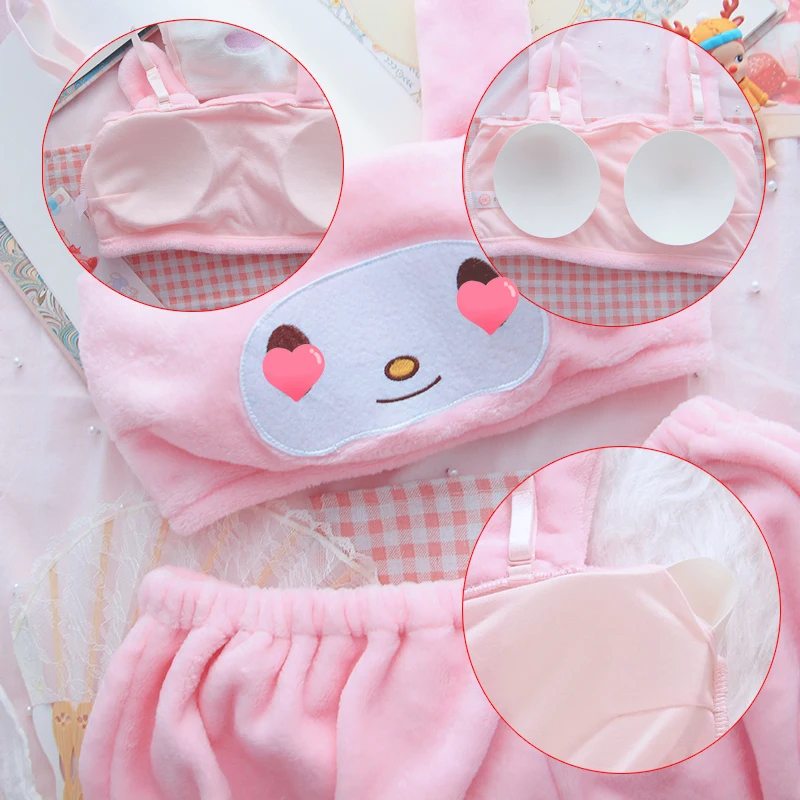 

Girls hairy Pajamas Set Kawaii Anime Cute Velvet Fluffy Tube Top Shorts Cartoon Cinnamo Bunny Ear Underwear Sleepwear Suits roll