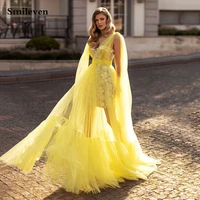 smileven new style yellow prom dresses lace appliques long prom party gowns elegant formal evening dress with short skirt