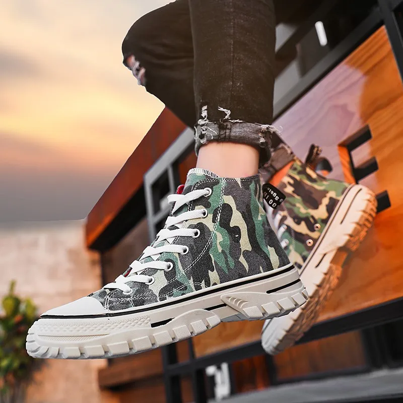 2019 spring and autumn new high to help men's shoes trend personality camouflage casual wild non-slip breathable wear | Обувь