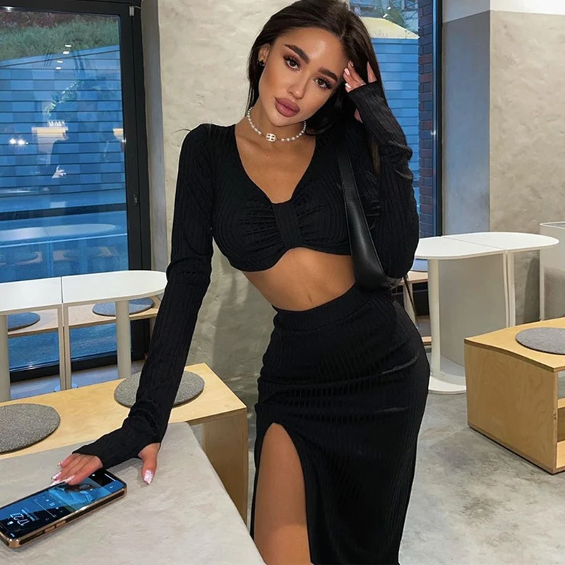 

FANIECES Long Sleeve V Neck Crop Tops And Side Split Slim Long Skirts Two Pieces Set Women Sexy Party Club Outfit костюм женский