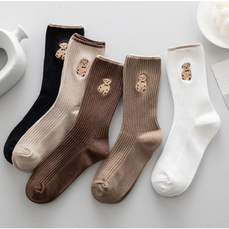 

Korean Cartoon Bear Embroidery Women's Autumn and Winter Four Seasons Socks Woman Cotton Socks Japanese Fashion Medium Tube Sox