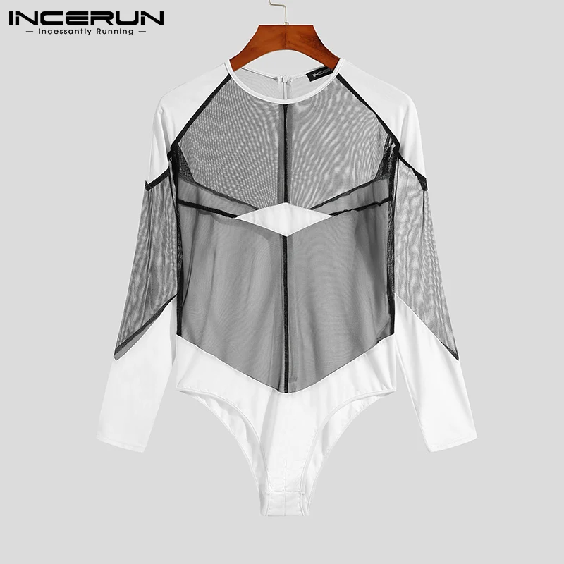 

Stylish Well Fitting Homewear Men's Sexy Leisure Comeforable Mesh INCERUN Male Stitching Solid Long-sleeved Bodysuits S-5XL 2022