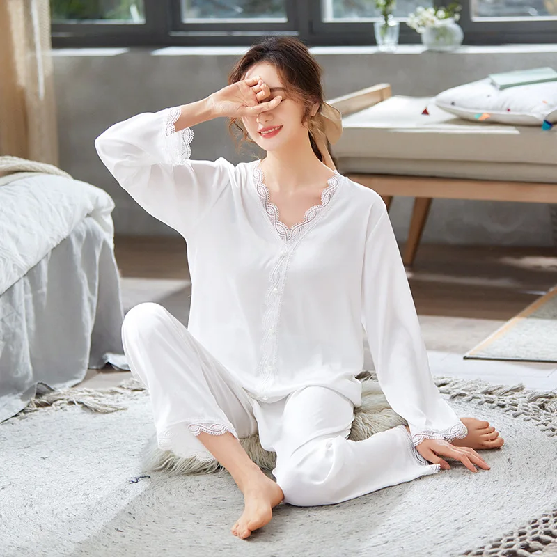 Summer New Pajamas Women's Sexy Sleepwear Ice Thin Long Sleeve Spring Autumn Silk Leisure Nightgown Home Suit Female Nightwear