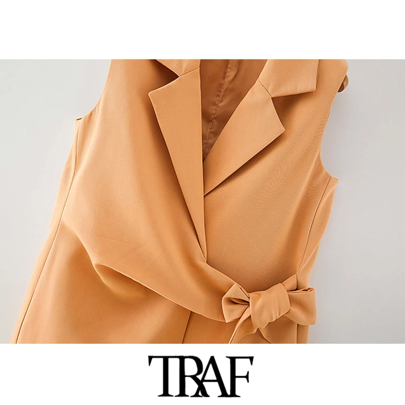 

TRAF Women Fashion With Belt Office Wear Wrap Vest Coat Vintage Notched Collar Sleeveless Female Waistcoat Chic Tops