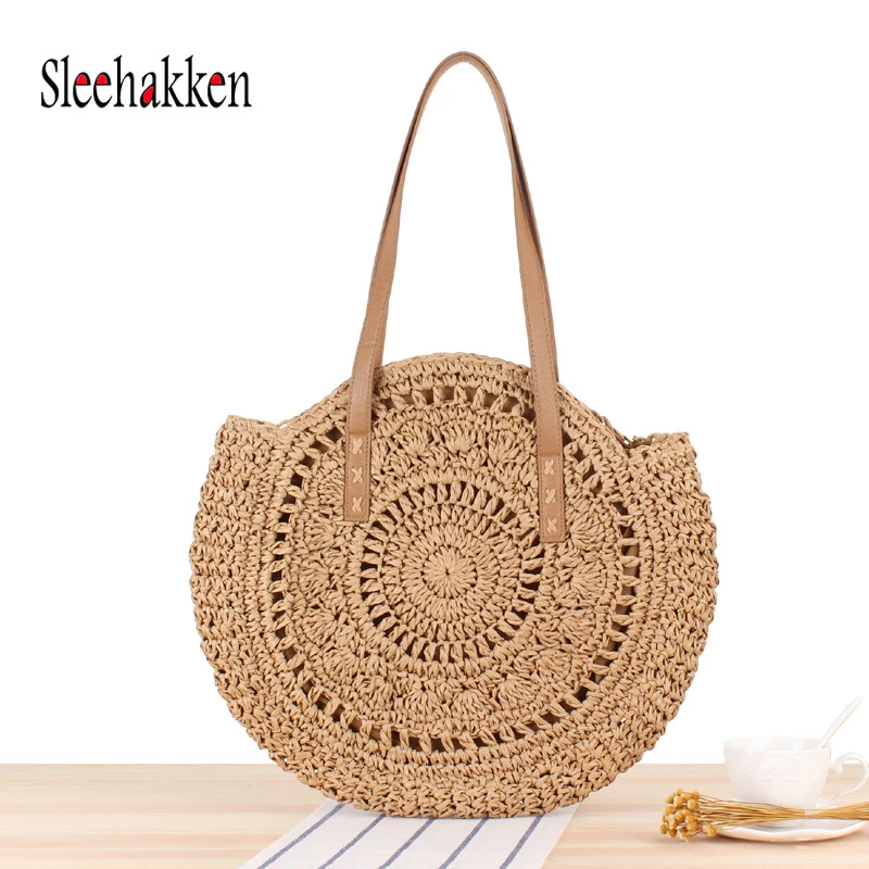 Женская Соломенная Повседневная сумка Праздничная на плечо Тканые круглые