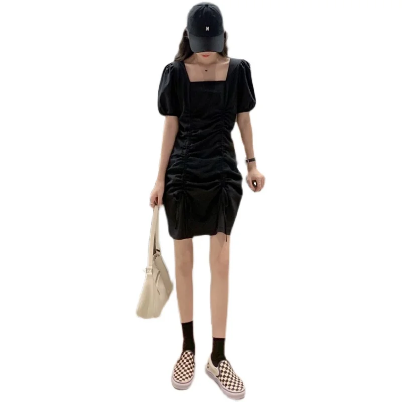 

Summer 2021 New Small Retro French White Skirt Drawstring Slimming Short Sleeve Square Collar Dress Women's Fashion