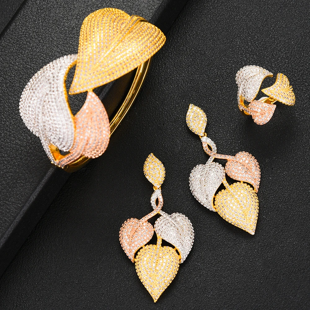 ?? Godki 2020高級幾何葉の花の女性ウェディングキュービックジルコニアステートメントチョーカーネックレスドロップピアスドバイジュエリーセット