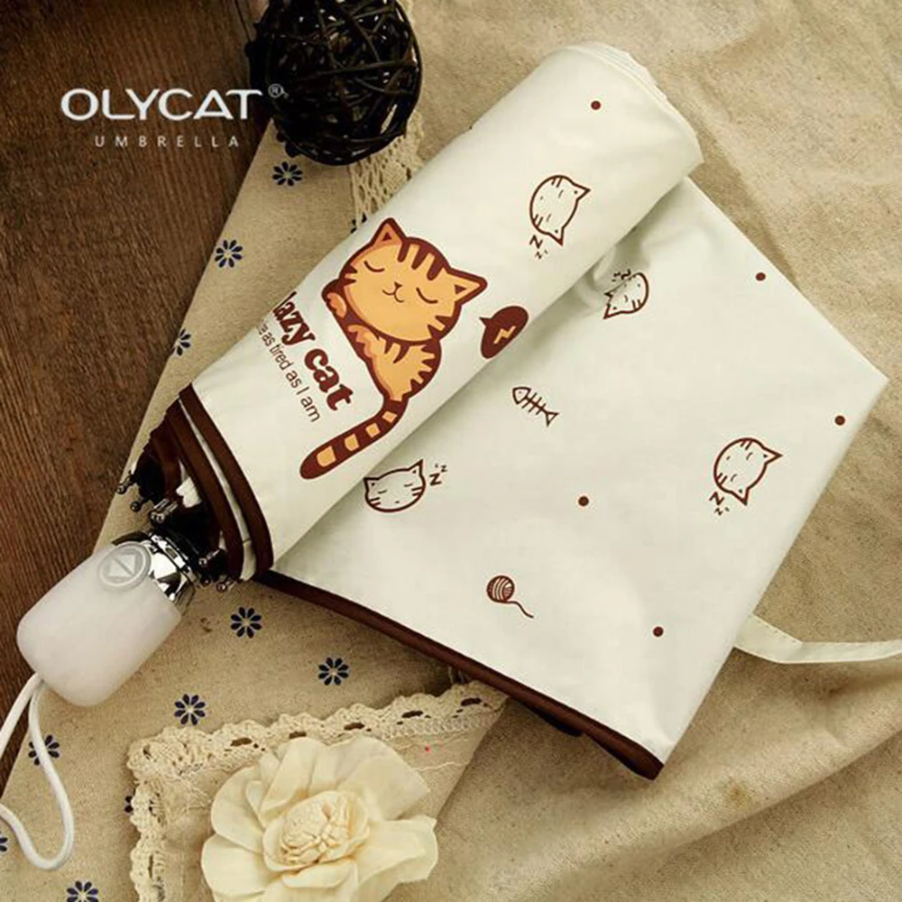 

OLYCAT Automatic Folding Umbrella Rain Women Anti UV Windproof Girls Parasol Umbrella Portable Lovely Cat Mini Women's Umbrella