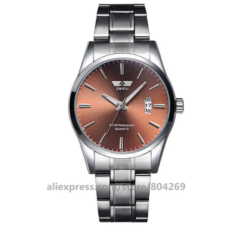 silver brown 50 шт./лот SWI-021 SWIDU мужские роскошные Простые Стальные часы с ремешком женские мужские кварцевые часы с календарем стальные мужские повседневные часы - Цвет: silver brown