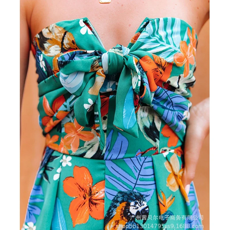 

Mandylandy Playsuits Summer Strapless Backless Stitching Pleated Straight Playsuits Women's Sexy Printed Lace-up Playsuits