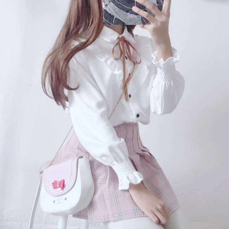 Рубашка Лолита 2019 Весенняя женская блузка Мори девушка Питер Пэн воротник бант