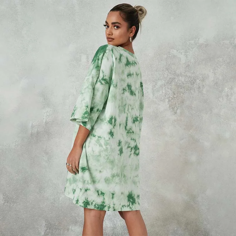 

Women Tie Dye Plus Size Short Sleeve Dress O Neck Loose Waist Ladies Streetwear Fashion Simplicity Casual Mini Dresses