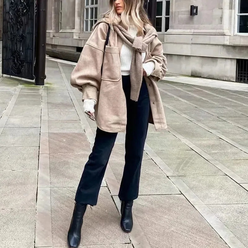

PUWD Casual Woman Camel Loose Pocket Woolen Shirt 2021 Fashion Ladies Autumn Long Sleeve Thick Blouse Coat Female Long Outwear