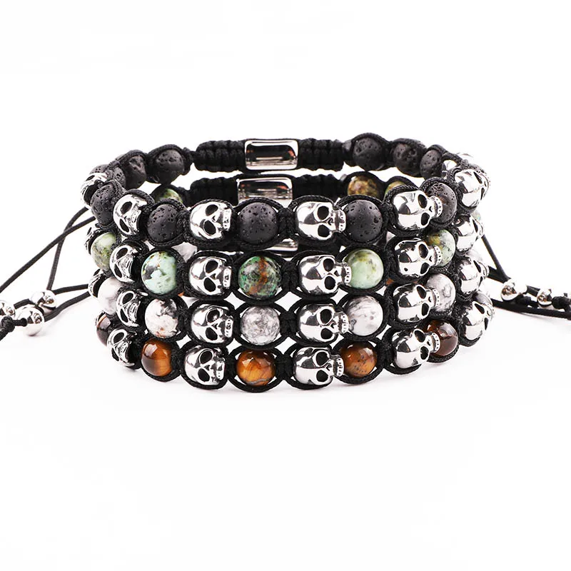 

High Quality Vintage Stainless Steel Skull Beaded Woven Macrame Adjustable Bracelet Men Jewelry Gift