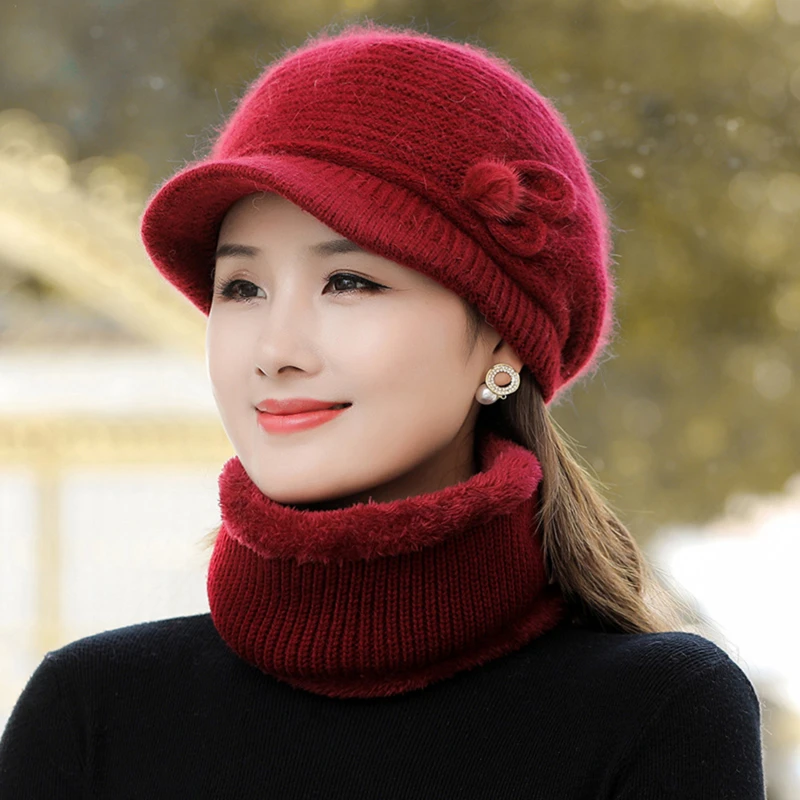 

New Women Casual Winter Hat With Brim Outdoor Keep Warm Suit Hat Scarf And Gloves Set For Female Street Thick Knitted Bucket Hat