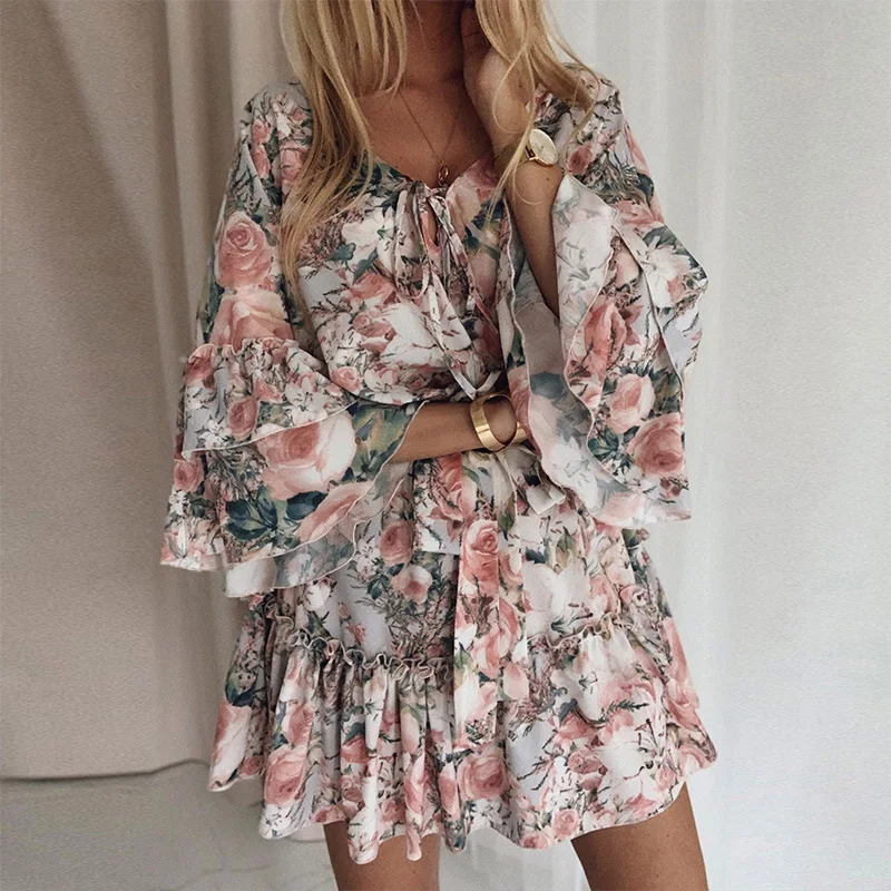 

2020 Sexy V Neck Lace-Up Belt Mini Dresses Autumn Women Vintage Dot Print Party Dress Casual Long Sleeve Ruffle Dresses Vestidos