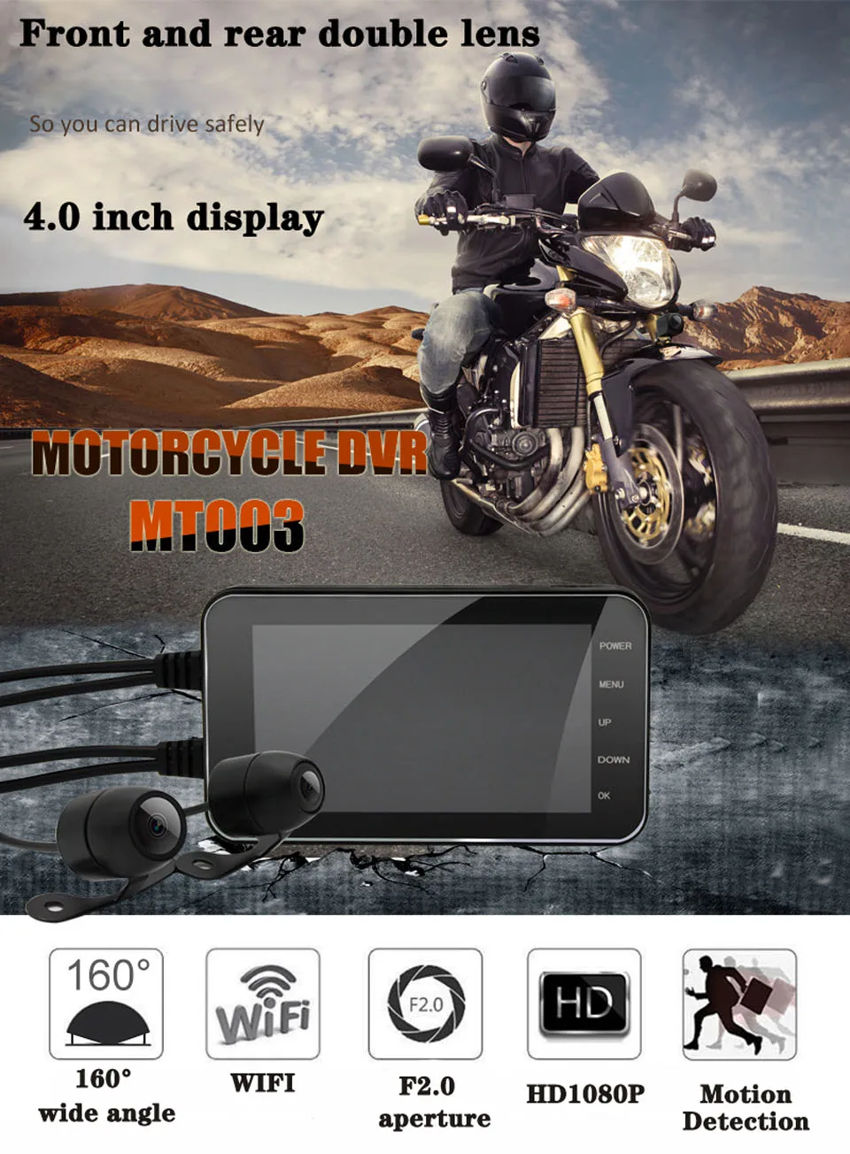 Wifi Motorcycle DVR Camera HD 1080P 4 Inch Dash Cam Moto Waterproof Dual Lens 170 Degree Angle Front Rear View Video Recorder